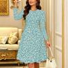 Women Long Sleeve Round Neck Midi Dress Abstract Geometric Diamond Floral Print Flared Casual Dress