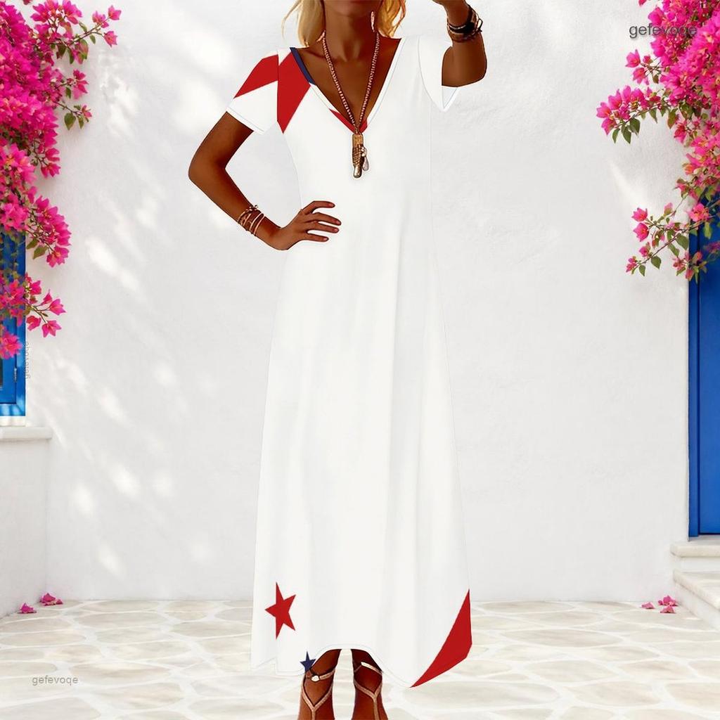 Women Plus Size V Neck Short Sleeve White Printed Maxi Dress