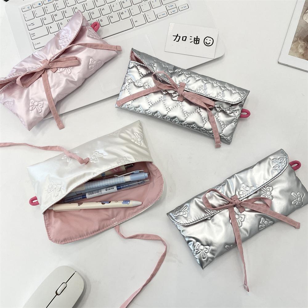 Quilted Bow Flip Pencil Bag Change Bag Women's Portable Storage Bag Multifunctional Student Stationery Box