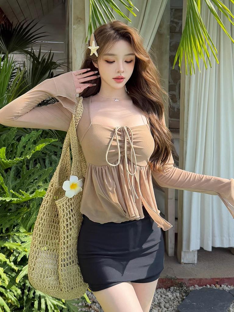 Korean Style 2026 Women's Flattering Slim Long Sleeve Swimsuit with Skirt and Sun Protection