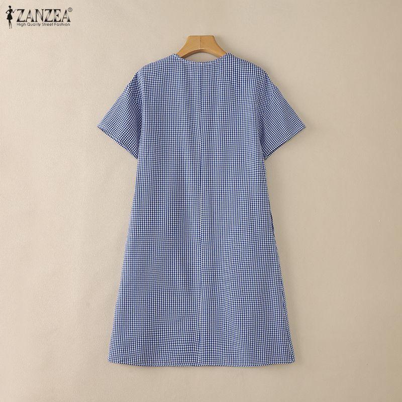 ZANZEA Women Casual Doll Collar Summer Short Sleeve Grid Print Dress