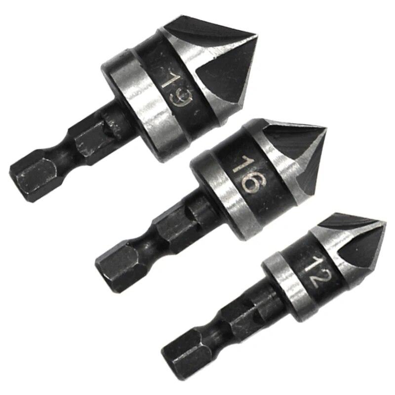 3PC Hexagonal Shank 90 Degree Black Five Blade Chamferer 12/16/19mm Countersink Drill Woodworking Hole Opener Tool Set
