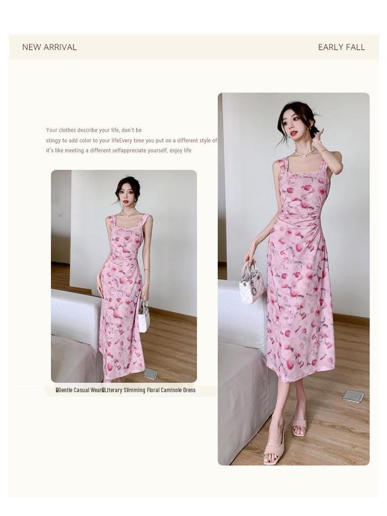 Spring Summer Floral Mesh Spaghetti Strap Maxi Dress for Women