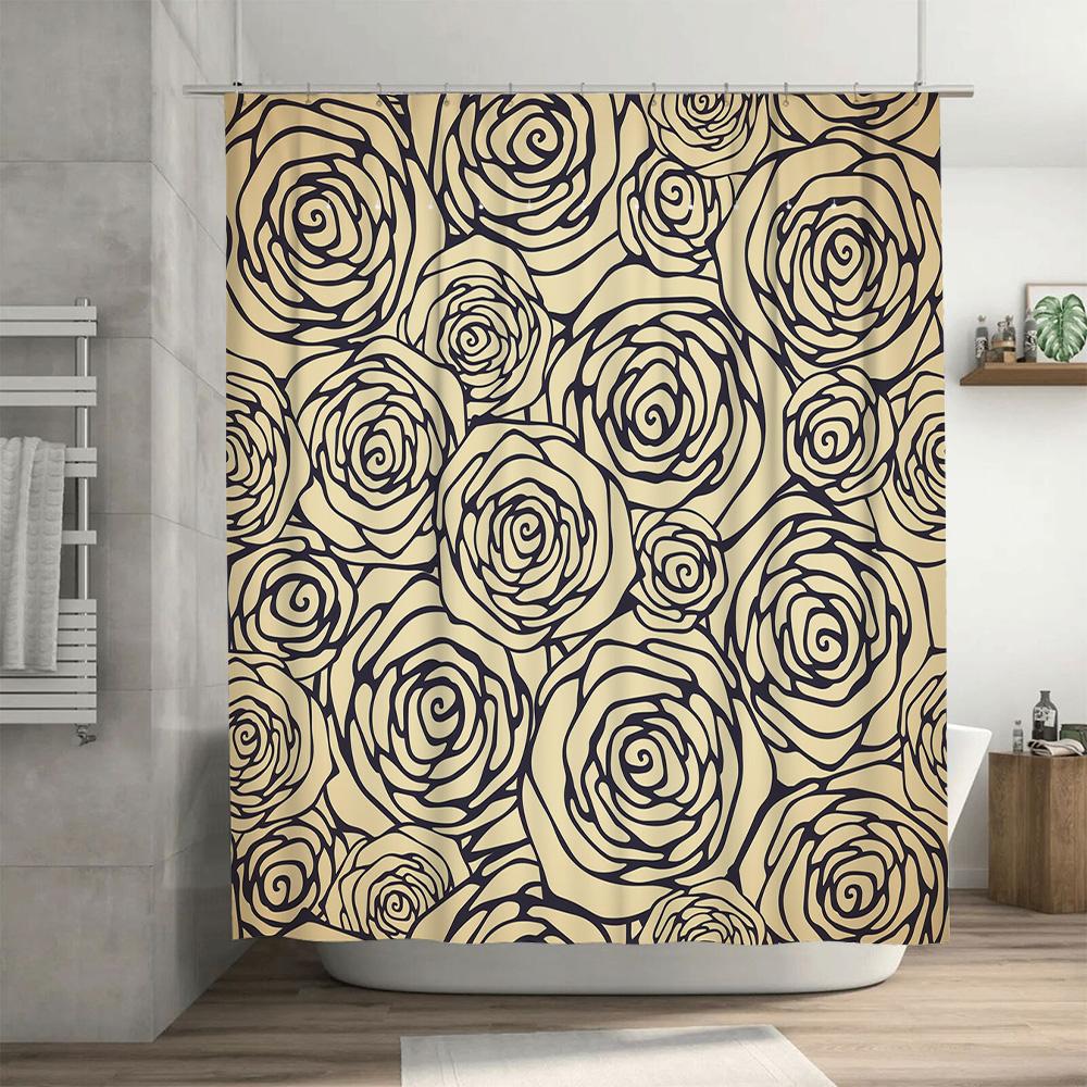Rustic Vintage Bathroom Decorfloral Print Shower Curtain Set For Home Bath Remodeling Black Rose Cream Fabric Waterproof Shower