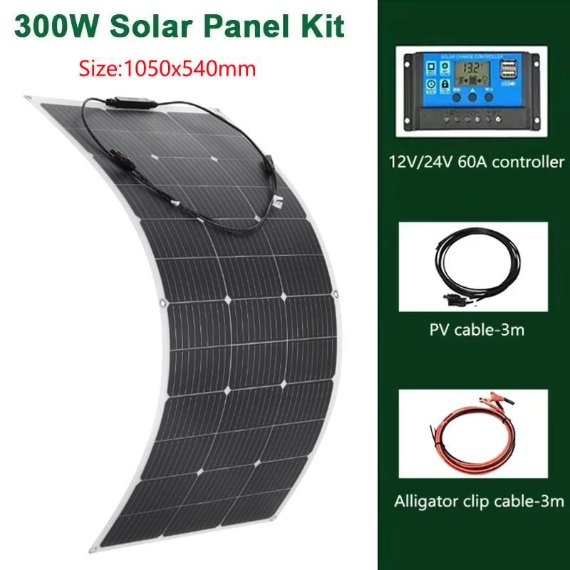 600W 300W Flexible Solar Panel With 60A Controller Kit Bendable Waterproof Monocrystalline Solar Cell for Camping Car RV Boat