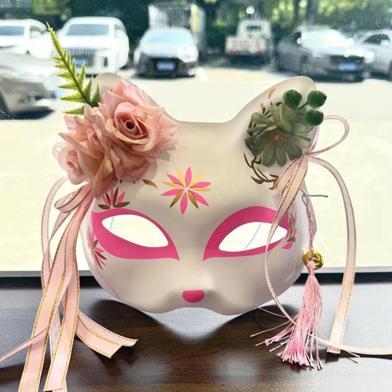 Anime Dämonenfuchsmaske Handbemalt Japanische Maske Halbes Gesicht Blumenmaske Maskerade Festival Ball Kabuki Kitsune Masken Cosplay Requisite