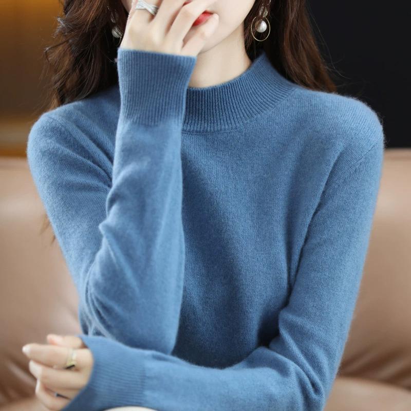 Half High Neck Fashionable Versatile Knitted Sweater for Women, Autumn and Winter Short Style Pullover, Solid Color Loose Sweater Base