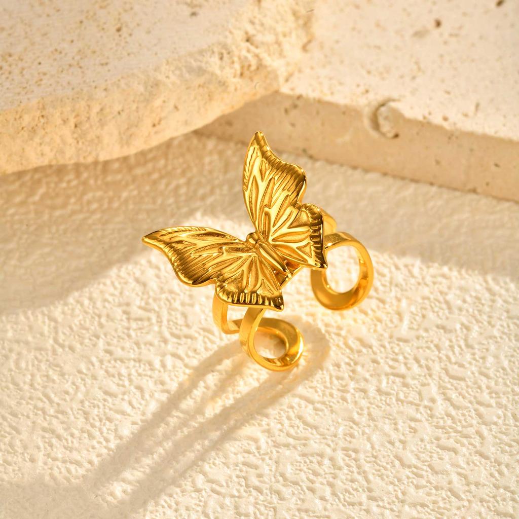 Retro Stainless Steel Butterfly Open Ring Gold Plated Geometric Rings for Women Vintage Jewelry Valentine's Day Gift
