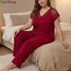 Conjunto de Pijama Talla Grande para Mujer, Conjunto de Ropa de Casa con Encaje, Ropa de Dormir Sexy de Manga Corta, Traje de Noche de 2 Piezas, Ropa de Casa para Tallas Curvy