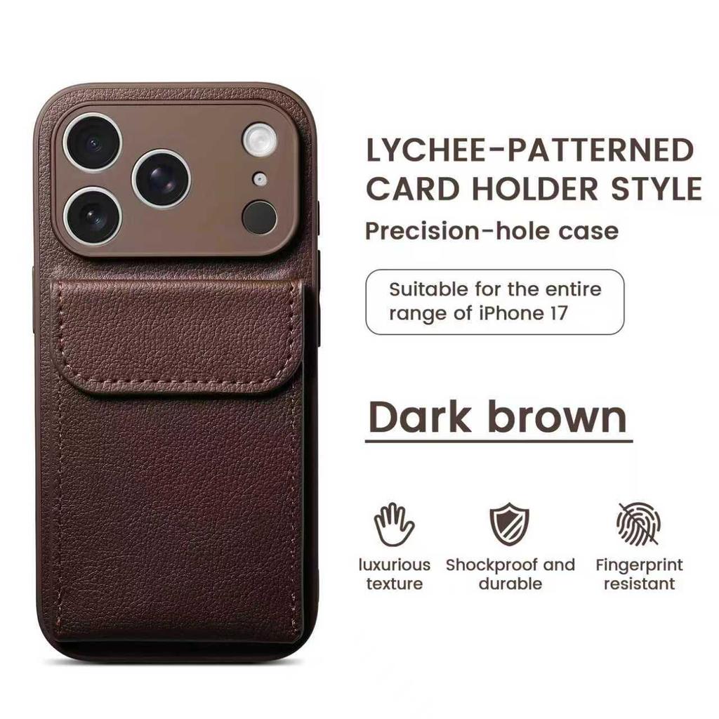 Applicable To iPhone17PROMAX Mobile Phone Case, Plain Leather Lychee Pattern Card Insert Bag Bracket, Apple 16 Anti-drop 15.
