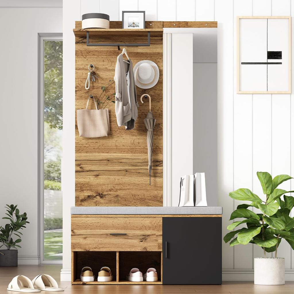 Flurgarderoben Set, Garderoben-Set Spiegel, Stylishe Schuhbank, Schuhschrank, Schublade, Regal, Kleiderhaken, Wandgarderobe Holzfarbe & Schwarz