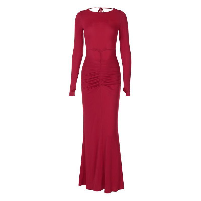 

European and American Sexy Sexy Backless Bow Strap Dress Elegant Red Pleated Waist Tight Flattering Figure Long Sleeves Dress Red S