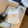 Women Halter Tie Camisole Top, Cream White Lace Ruffle Edge Cute Lamb Cartoon Print Sling Slim Sweet Girls Layering Vest