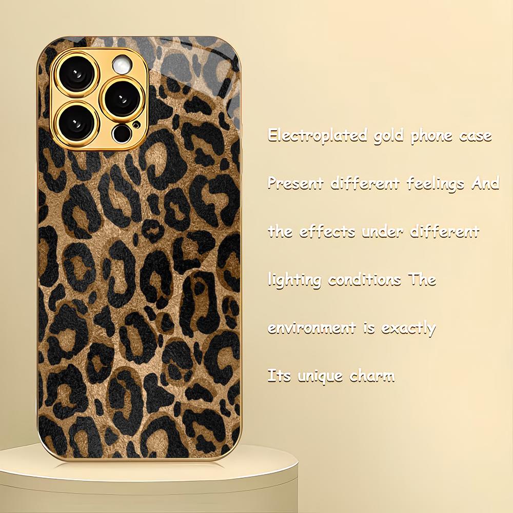 Leopard print electroplated gold glass phone case suitable for iPhone 17 16 15 14 13 12 11 Pro/Max/Plus shockproof back cover