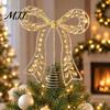 Indoor Festive Window Ornament Iron Bow Christmas Tree Topper, Gold Rhinestone Hollow-Cut Metal Light Luxury Holiday Party Decor with Spiral