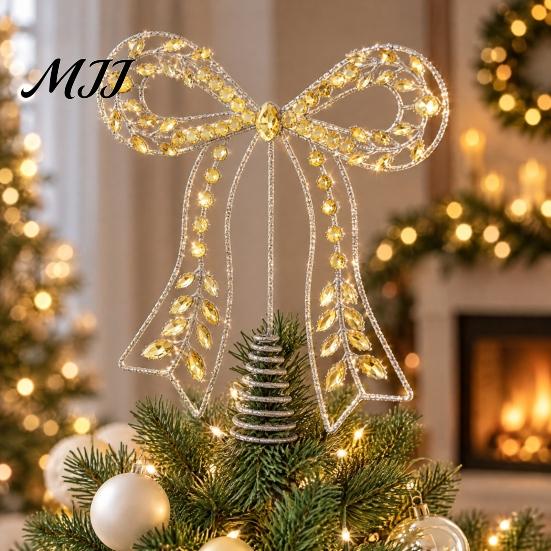 Indoor Festive Window Ornament Iron Bow Christmas Tree Topper, Gold Rhinestone Hollow-Cut Metal Light Luxury Holiday Party Decor with Spiral