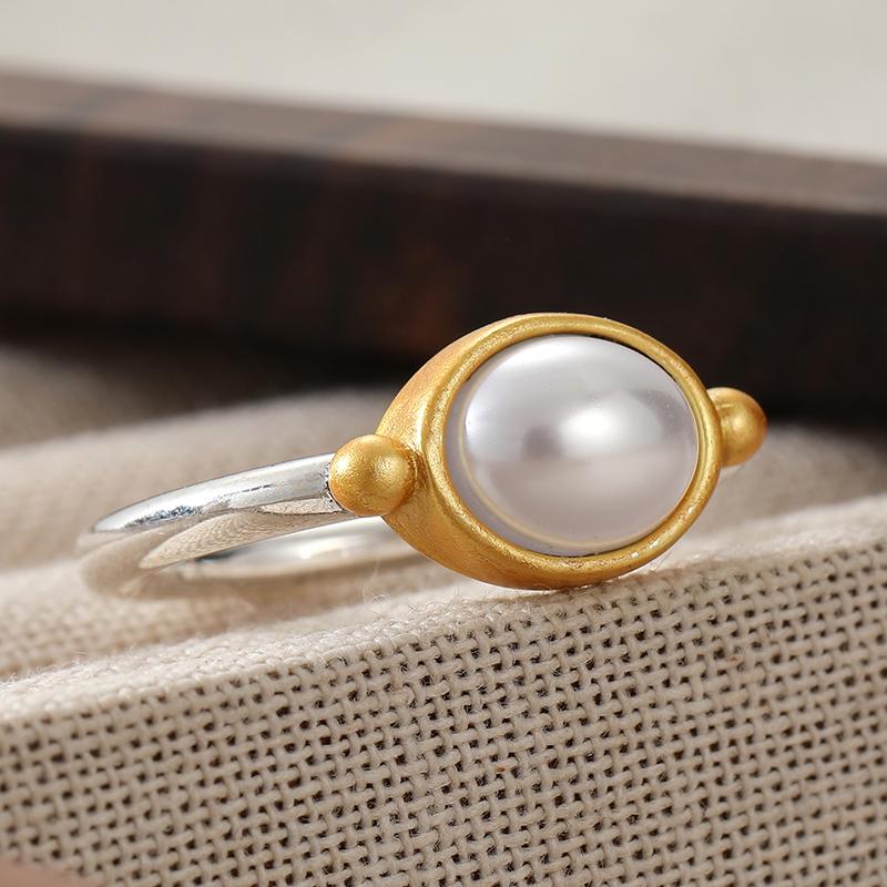 Vintage Inlaid Imitation Pearl Women's Ring Classic Two Color Geometry Daily Wear Party Jewelry Anniversary Gift
