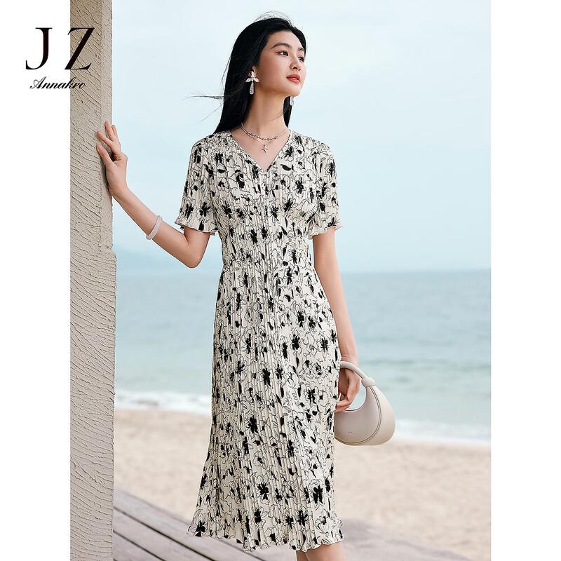 

Annakol Elegant Pleated Floral Print Waist-Cinched Dress M