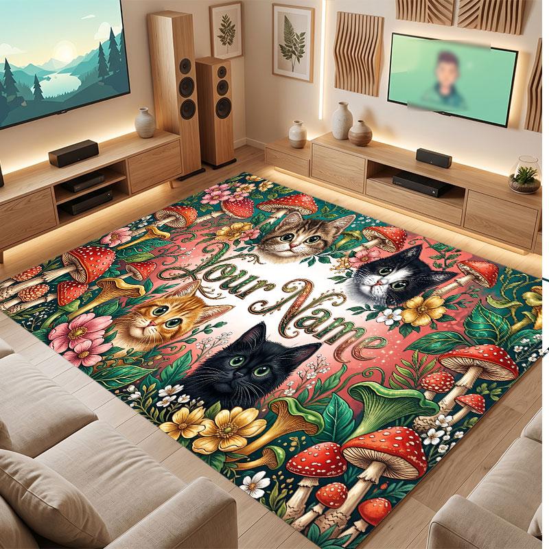 Cat Theme Crystal Velvet Floor Rug Personalized Custom Name Text Warm Carpet Home Decoration