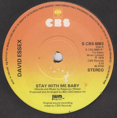 7inch Record DAVID ESSEX - Stay With Me Baby SCBS6063 CBS 1978 UK Rock Used
