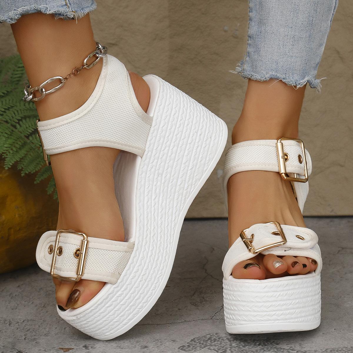 

Comemore Summer New Denim Sandals Women Thick Bottom Height Increase Belt Buckle Leisure Beach Shoes Hih Heels Wedegs Sandales 35 белый