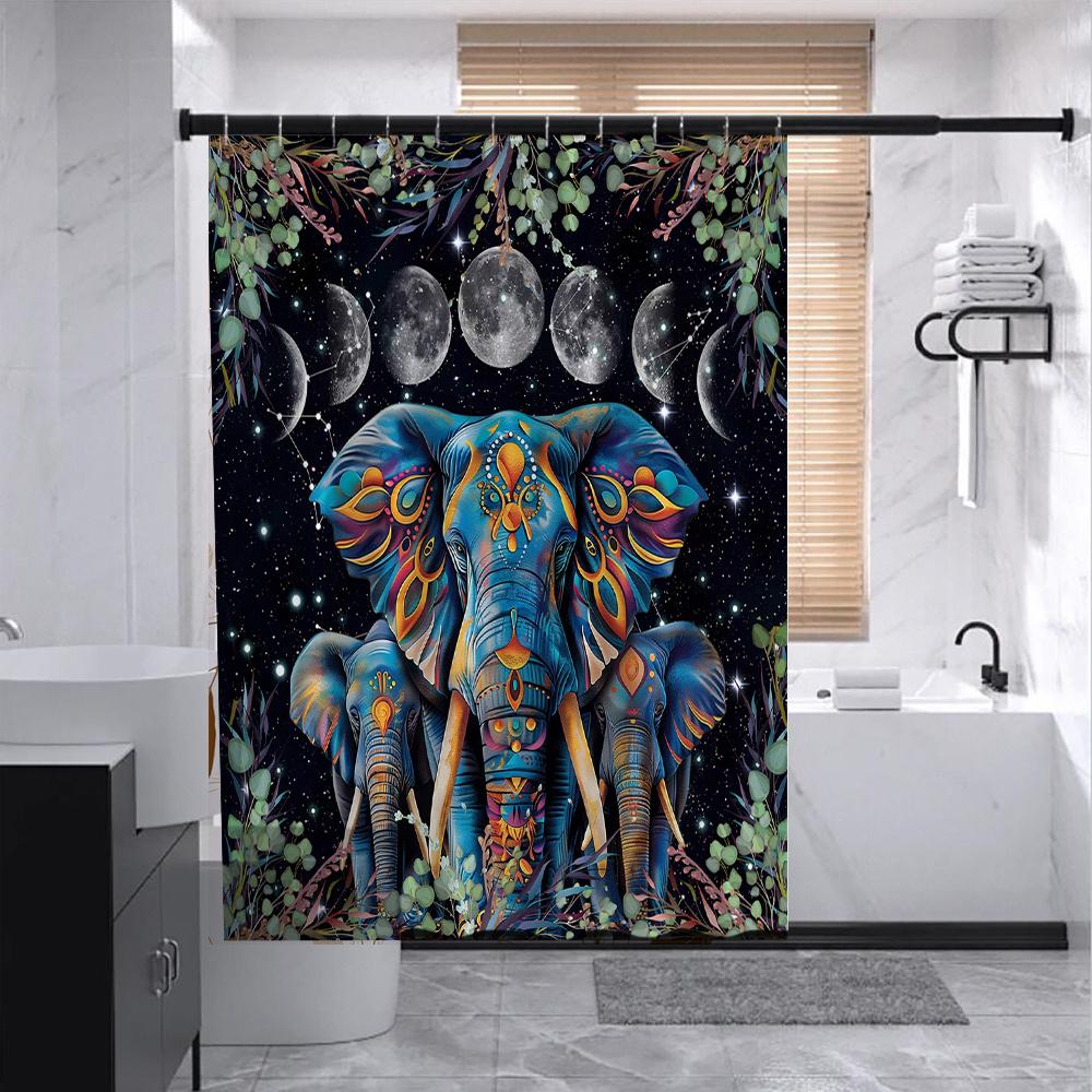 Cosmic Elephant Shower Curtain - Vibrant Boho & Celestial Theme for Bathroom Decor, Adds Mystical Charm and Artistic Flair