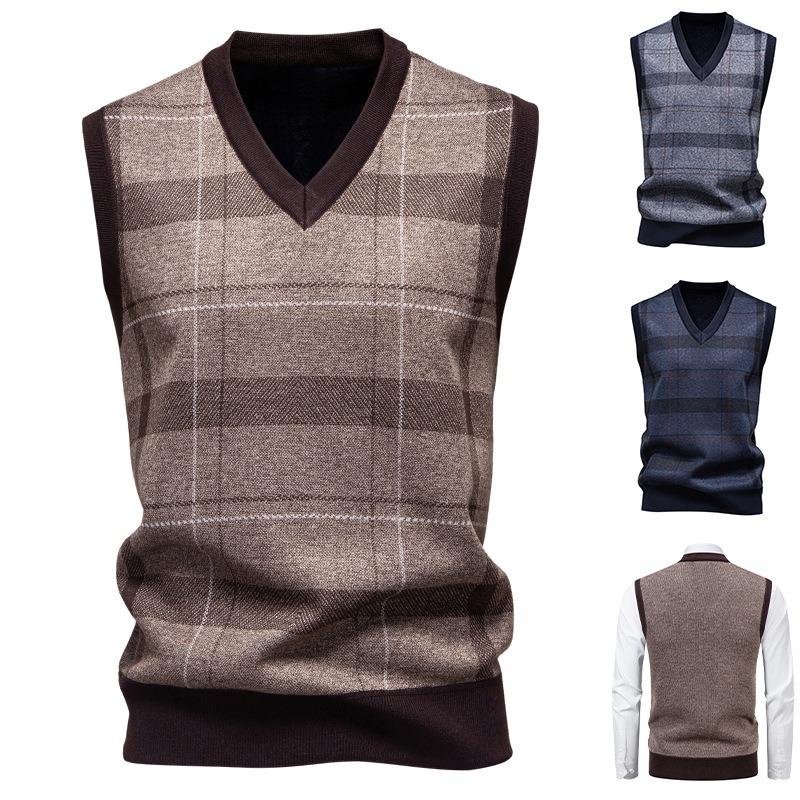 Men Thickened Fleece Plaid Loose Pullover Sleeveless Knit Sweater Vest