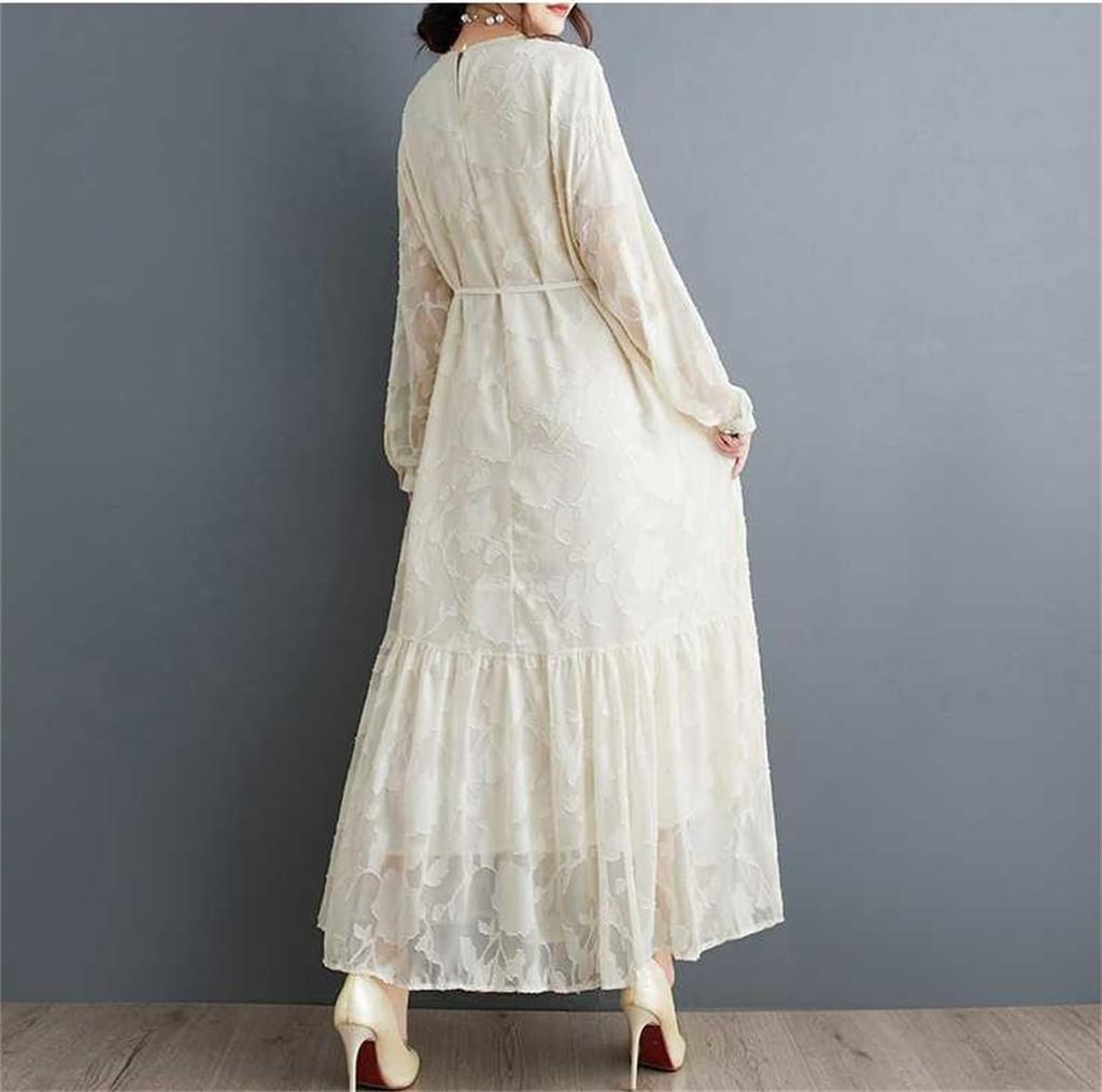 Maxi Lang Lang Anlege Runde Lange Maxi Midi Locker Festes Netz Elegant und Stilvoll Einheitsgröße Passt [Mouhoukyo] Damenkleid, Ärmel, Kleid, Kleid, Hals,