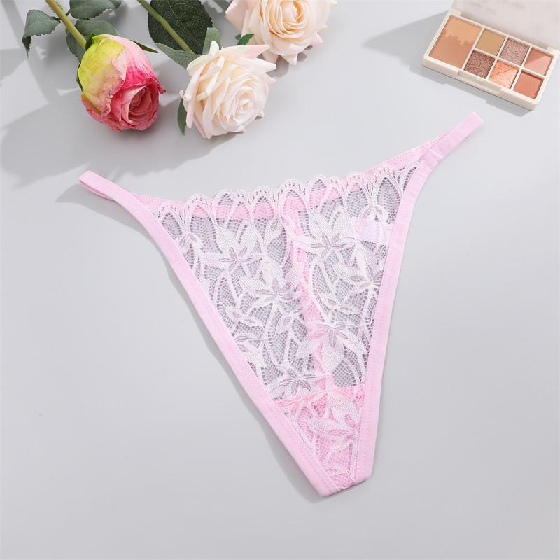 FINETOO Lace Thong For Women Sexy T-back Panty Solid Color Lingerie Floral Underwear