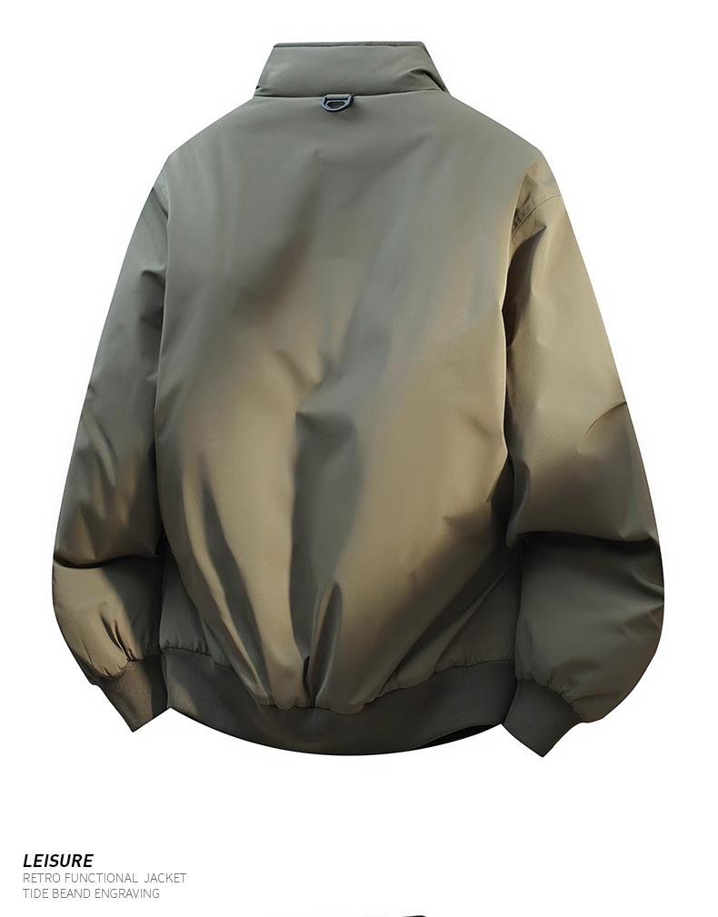 Męska pikowana kurtka robocza w stylu amerykańskim, bawełniana - kołnierz stojący, ciepła, pogrubiona, luźny krój, jednolity kolor, odzież wierzchnia jesień/zima.