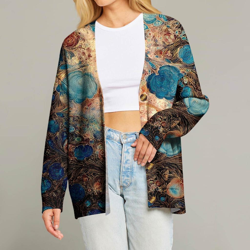 Women's Fashion Long Sleeve Christmas Print V-Neck Button Loose Cardigan Top