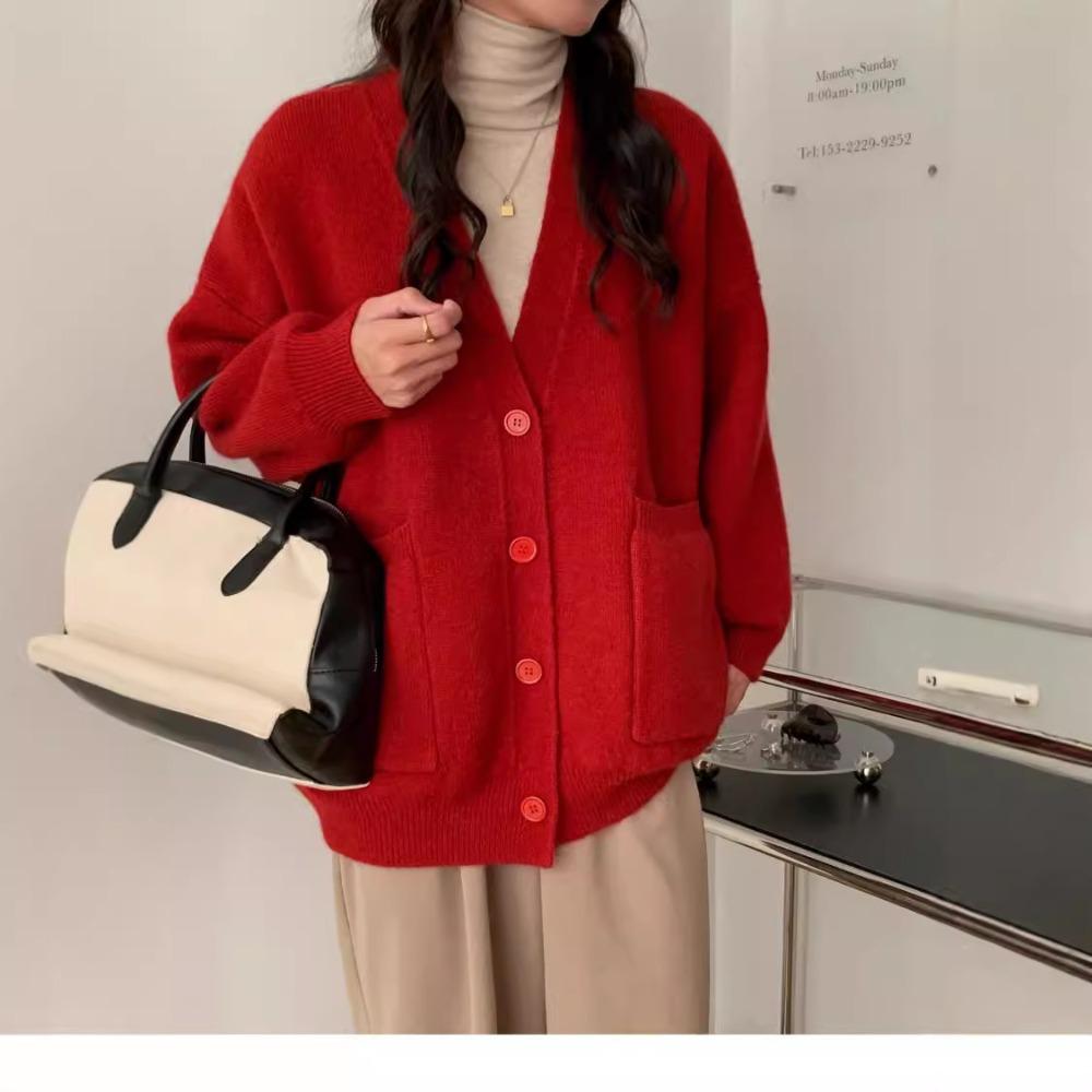 Solid Color Milk Style Autumn and Winter Sweater Cardigan Women's New Lazy Style Loose V-neck Gentle Knitted Coat Top