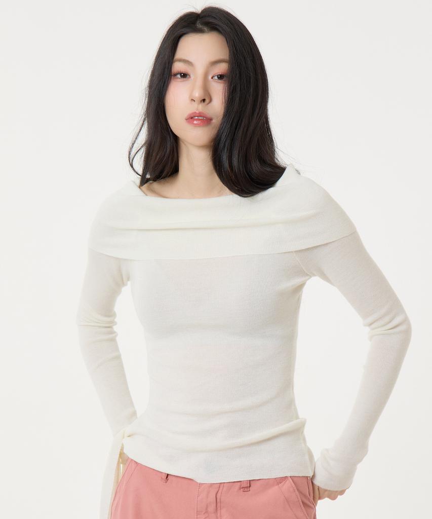 UNKNOWN PLANET Side Tie Off-Shoulder Long Sleeve Knit Top White
