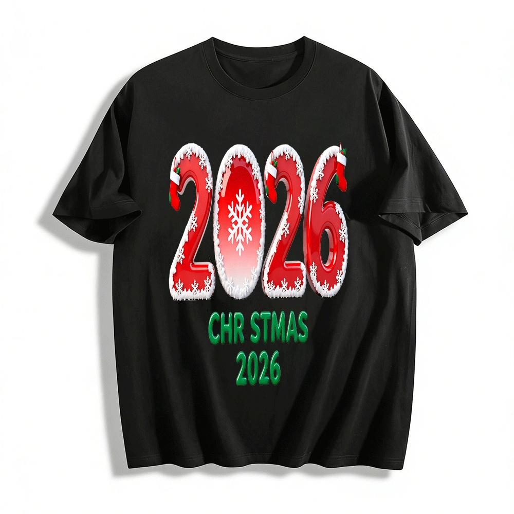 2026 Christmas Red Snowflake Sock Print Casual Top Pure cotton T-shirt XXS