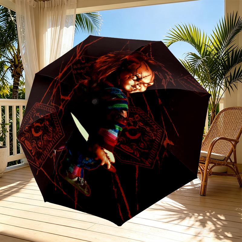 Bride of Chucky Print Automatic Open Close Umbrella, Portable Foldable Umbrella, for Outdoor Commute Camping Trip, Ideal Birthday Gift