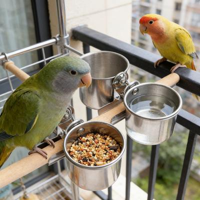 Parrot Feeding Cups Stainless Steel Food Water Bowls with Clamp Holder Bird Cage Feeders for Parakeet Small Animals