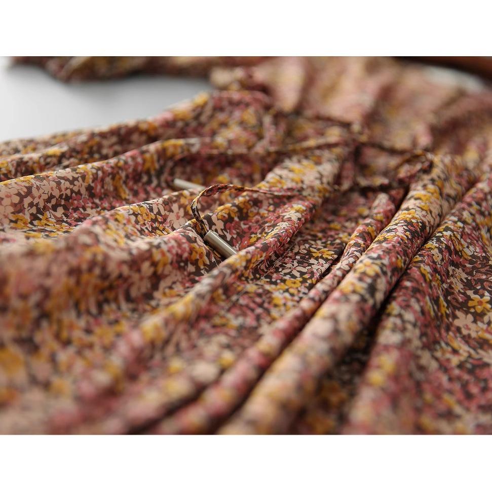 Sweet and Elegant Colorful Floral Shirt-style Lace-up Mulberry Silk Dress for Women