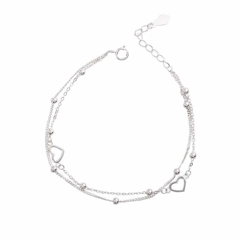 S925 Sterling Silver Double-layer Heart-shaped Bracelet for Women's Ins Summer, Fresh, Simple, Cute and Sweet Heart-shaped Best