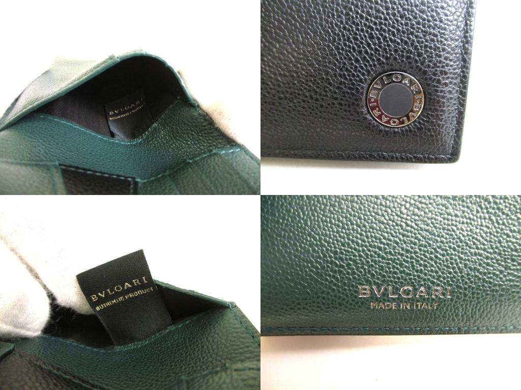 Authentic BVLGARI Black Emerald Green Leather Bifold Wallet Compact Wallet #a896  Refurbished