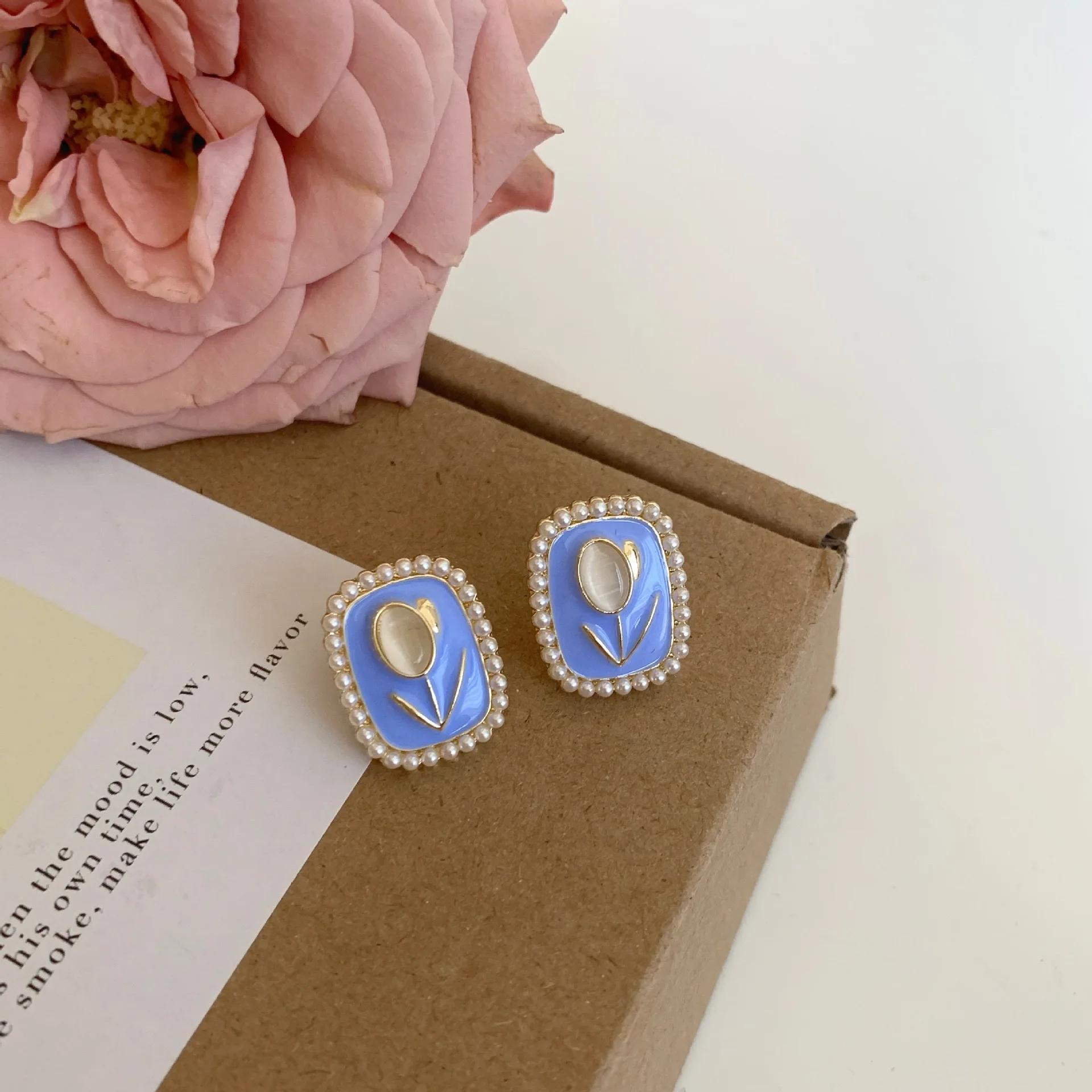 Fashion Opal Tulip Flower Blue Square Imitation Pearl Stud Earring for Women Korean Geometric Zircon Christmas Girl Gift