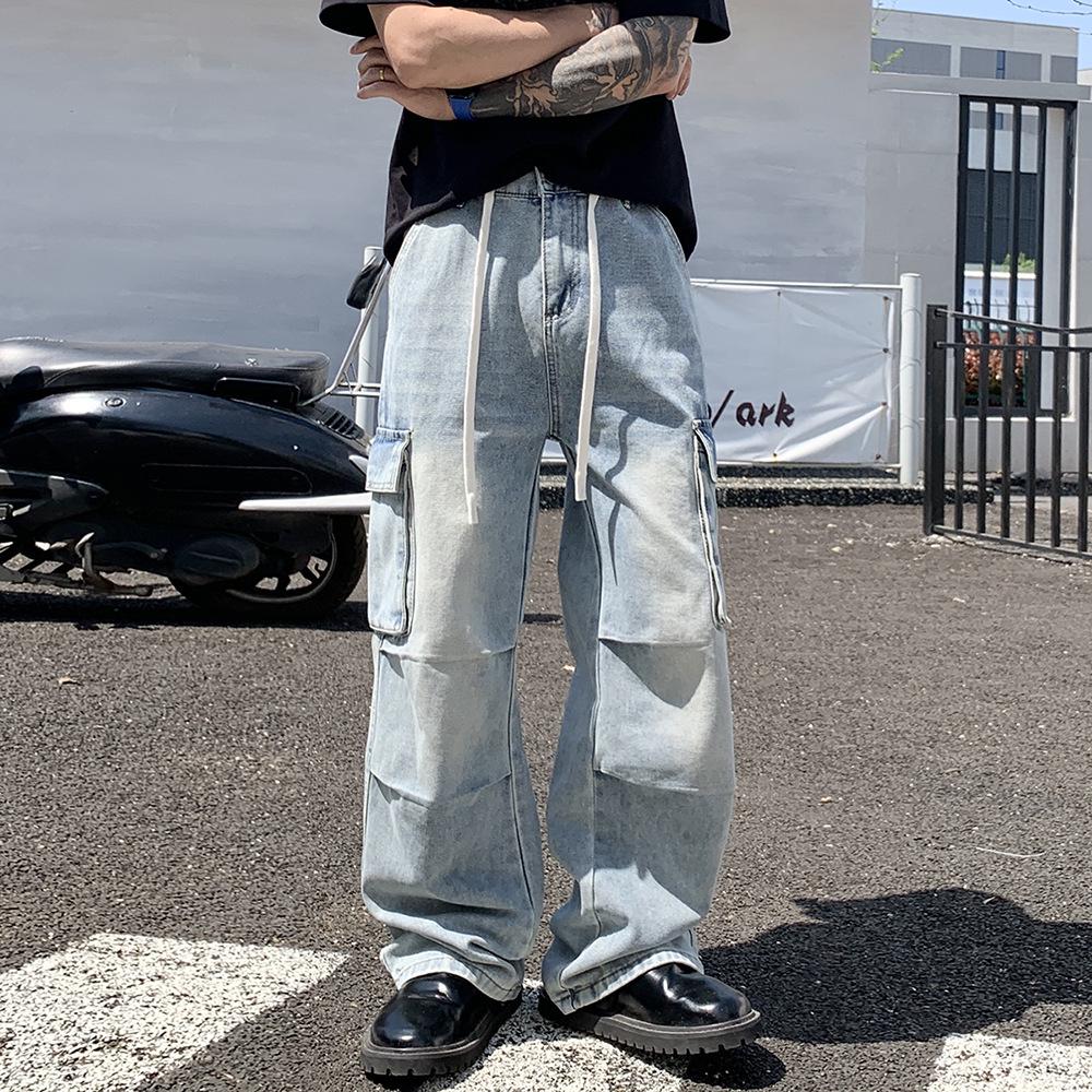 

Spring/Summer Unisex Trendy Wide-Leg Elastic Waist Multi-Pocket Washed Jeans 3XL світло-синій колір