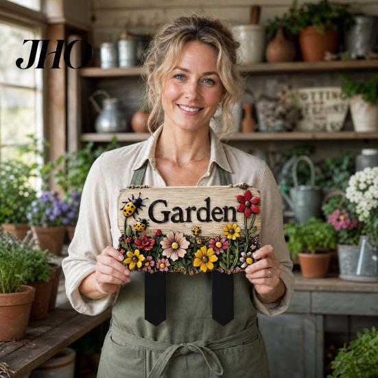 3D Effect Garden Sign Floral with Stake, Farmhouse Sign, Colorful Flowers Yard Outdoor Decoration Art Rustic Welcome for Home Pathway Planter
