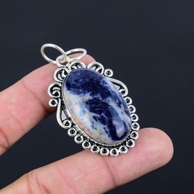 Natural Sodalite Gemstone Indian Jewelry 925 Sterling Silver Pendant For Women