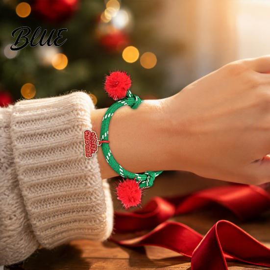 Cute Snowman Wrist Decor Christmas Bracelets Red Green String Bracelet Adjustable Rope Bracelet with Bag Charm Lanyard And Tinsel Pom Poms Holiday