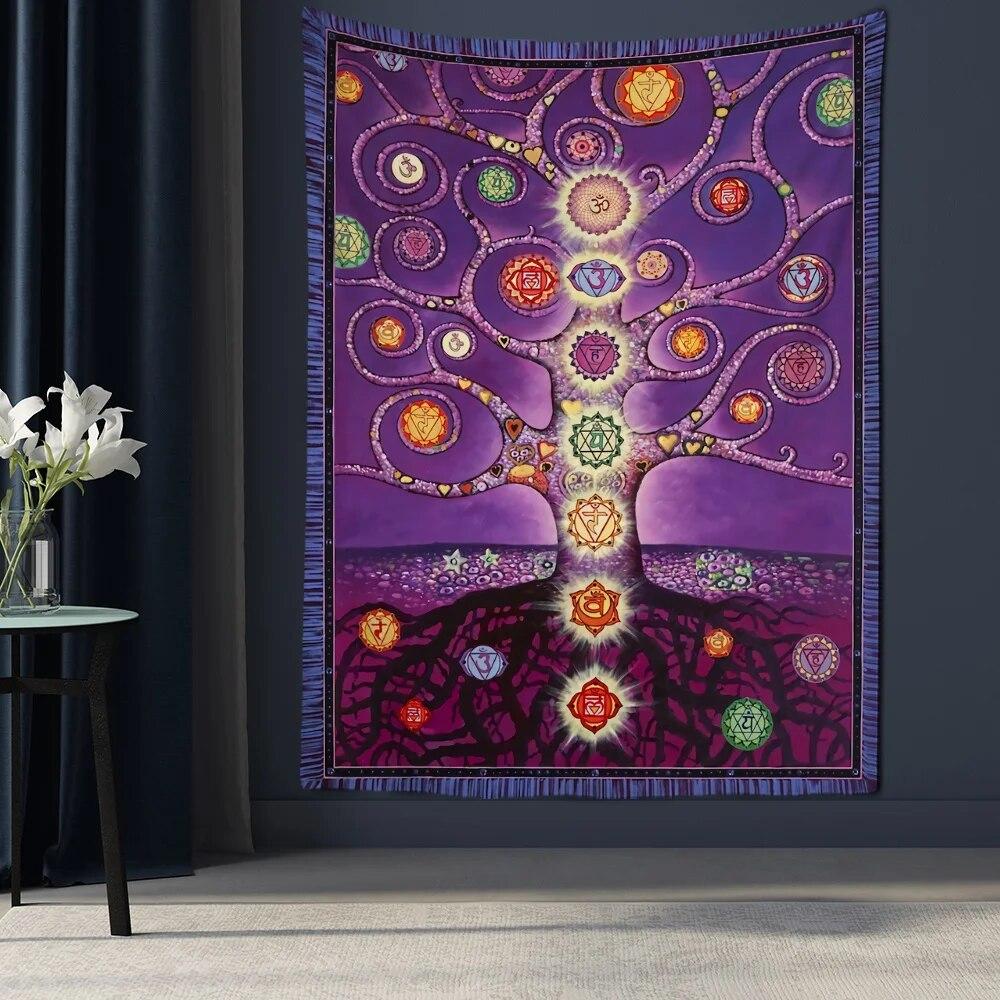 Seven Chakras Tree of Life Tapestry Wealth Tree Totem Background Tapestry Wall Hanging Bohemian Style Psychedelic Home Decor