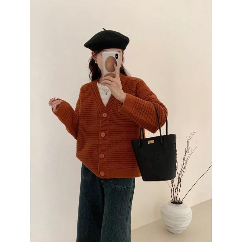 Simple V-neck Sweater Jacket Women's Autumn and Winter New Loose Soft Waxy Lazy Wind Knitted Cardigan Top