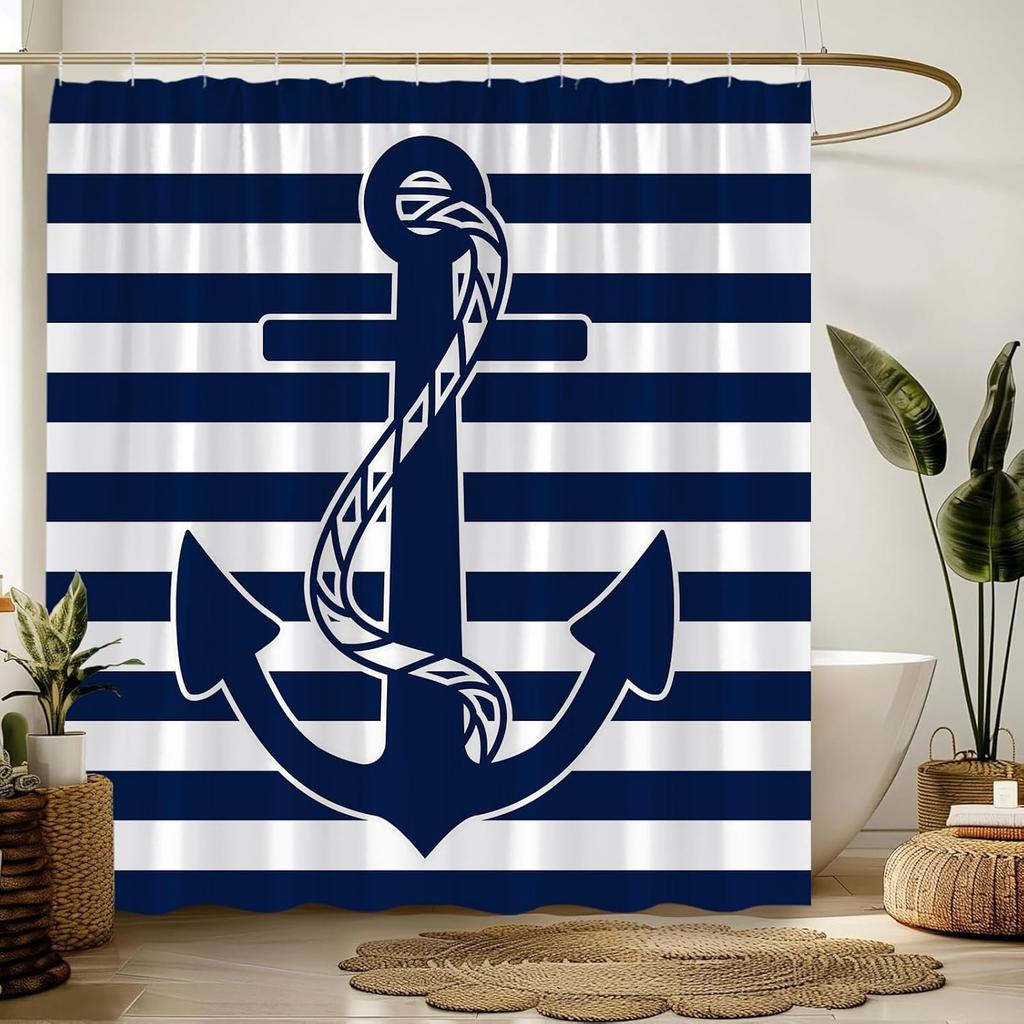 Nautical Anchor Shower Curtain Blue Anchor Navy Blue White Stripes Nautical Theme Ocean Lovers Modern Fabric Bathroom Decor Curtains with Hooks 70W