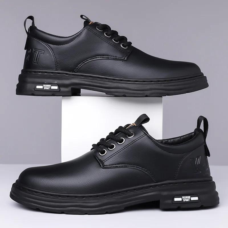 Leather Platform Shoes for Men Fashion Casual New Designer Derby Shoes Male Low Top Work Ankle Boots Men