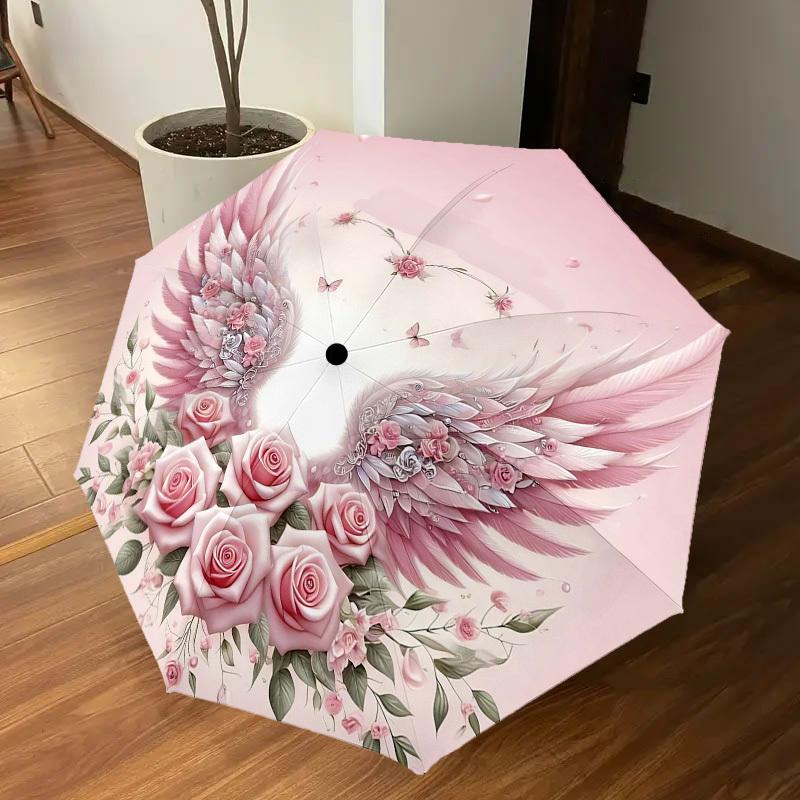 1pc Wings Flowers Automatic Open/Close Umbrella Compact Folding Umbrella with 8-Rib Shaft for Women/Men, Portable Travel Umbrella,1237S