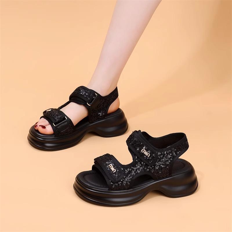 2025 Summer Sports Sandals Women's New Heightening Small Fragrant Wind Velcro Sweet Sequins Casual Platform Beach Shoes